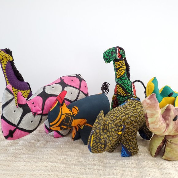 Africa Safari Stuffed Animals Kitenge Stuffed Animals Set Of 7 Made In Kenya - Picture 1 of 6
